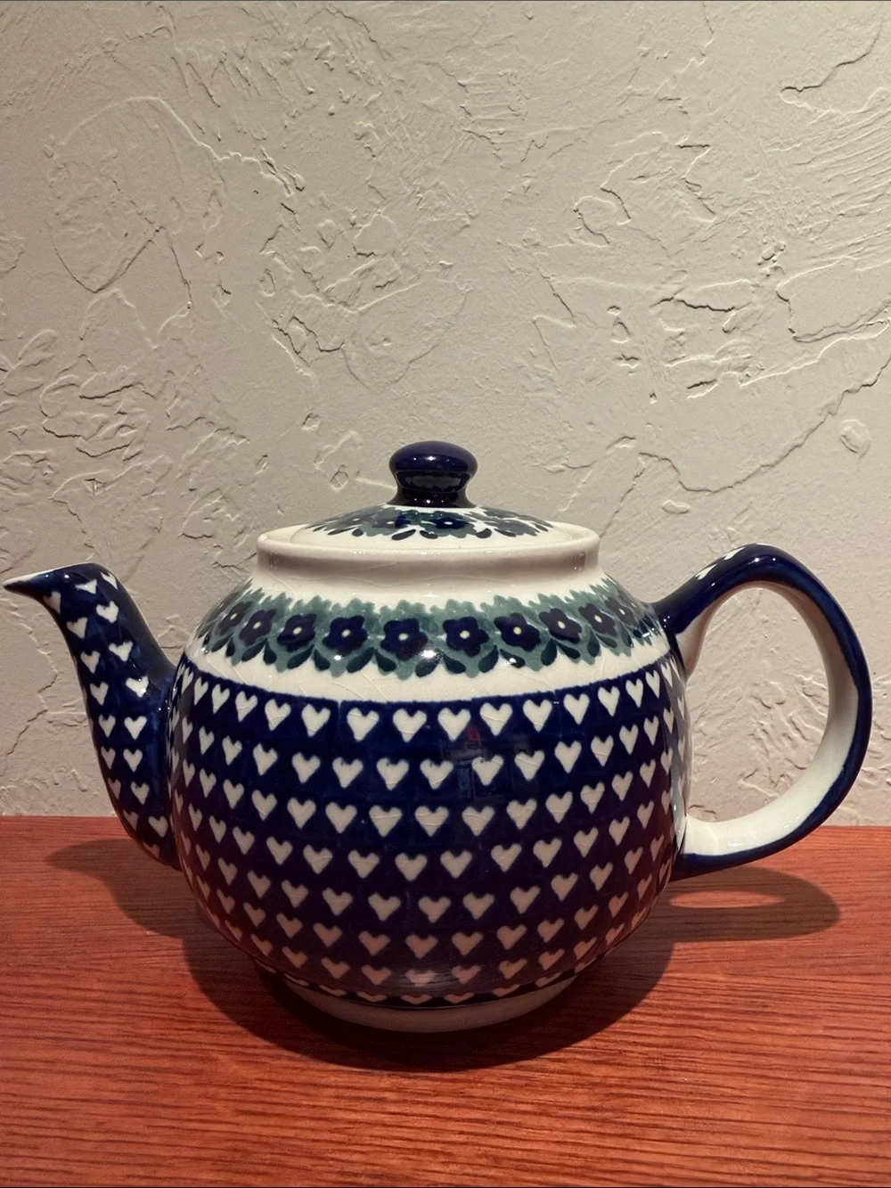 BOLESLAWIEC Polish Pottery Teapot Heart to Heart Cobalt Ceramic 4c Handcrafted